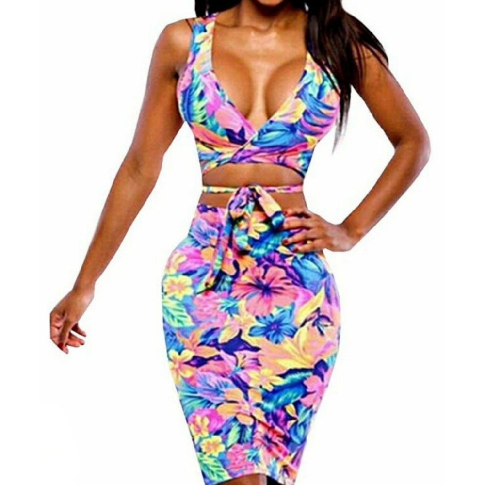 Sexy V Neck Tank Sleeveless Sheath Printed Polyester Top and Skirt